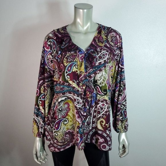 Chico's Top Size XL Petite Paisley Ruffle Stretch Long Sleeve Casual Multi - Picture 2 of 6